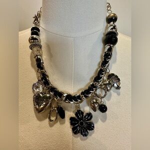 Chunky Silver & Black Charm Necklace | Heart Flower Statement |
